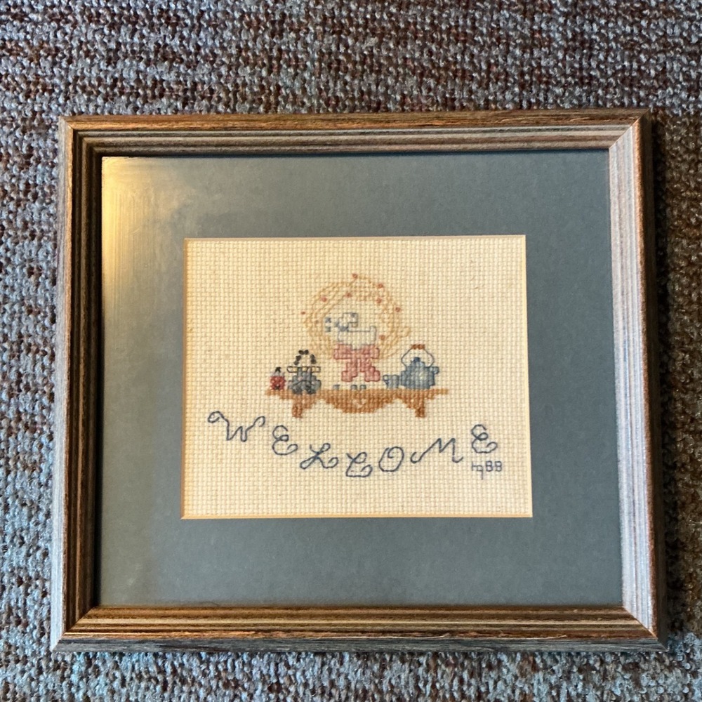 Vintage 1988 Handmade Welcome Cross Stitch Framed Wall Art Farmhouse Decor 8"x9"